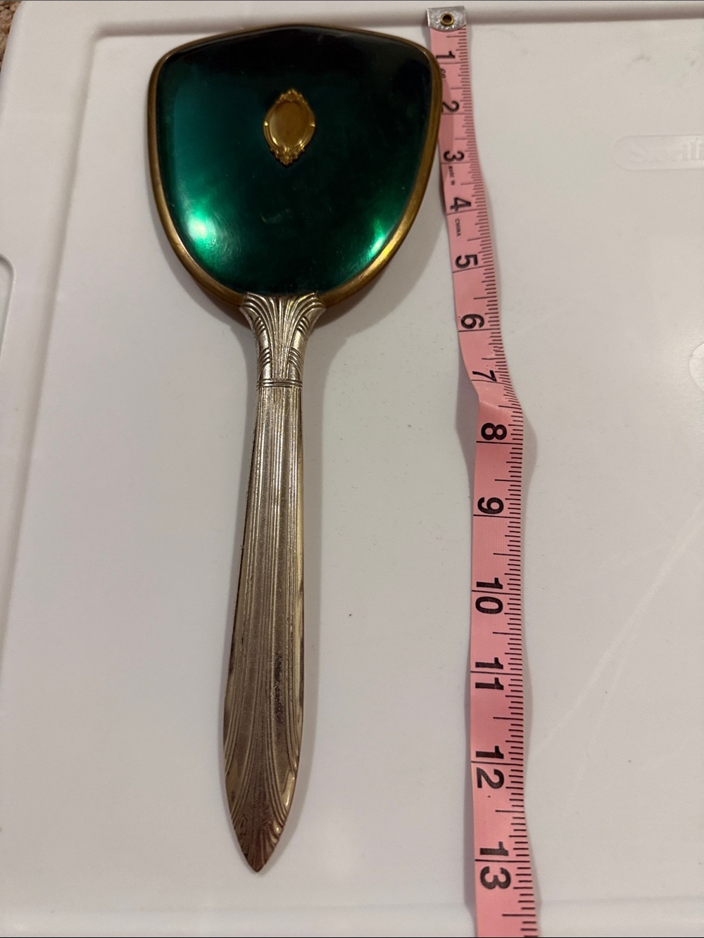 Vintage Art Deco Emerald Green Guilloché Enamel Hand Mirror 1920s Unmarked - Picture 5 of 10